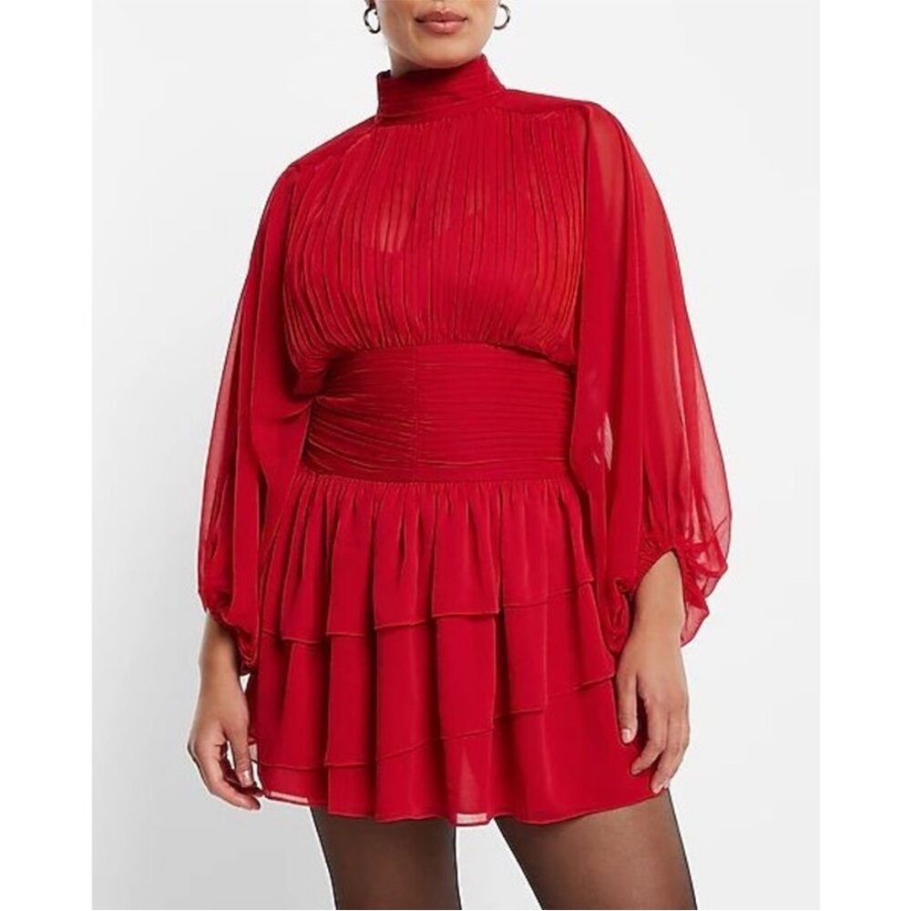 Express Mock Neck Long Sheer Sleeve Pleated Waist Tiered Ruffle Mini Dress Red 8